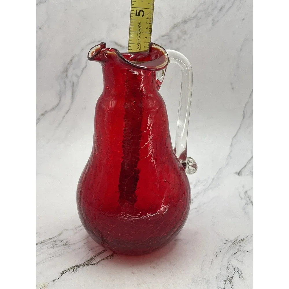 Ruby Red Crackle Glass Pitcher w/Clear Handle  Handmade Small 4.5